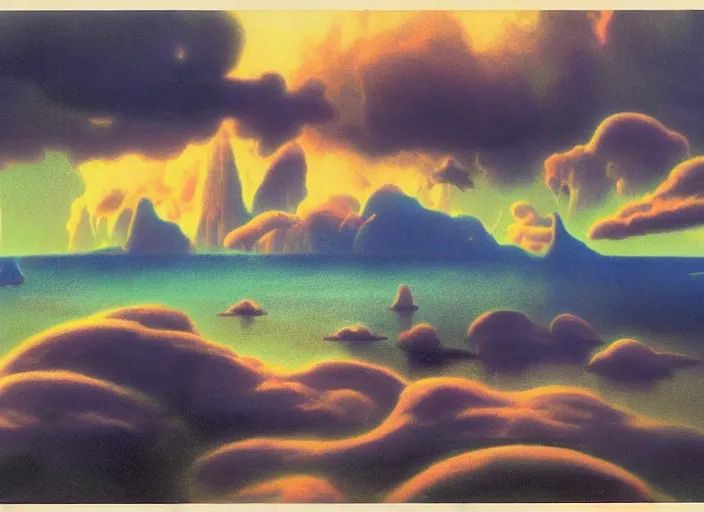 Prompt: floating islands, idyllic, menacing, nebulous clouds, thundrous hellish floating crumbling islands particulate and shivering cold of the apocalypse, hyperfluorescent saturated pastel pleasing - palette matte painting matte painting from fantasia ( 1 9 4 1 )