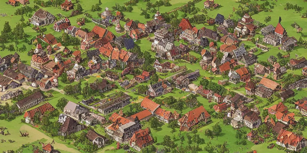 Image similar to isometric strategy game view, 1 8 th century german village, amazing detail, game art by moebius,