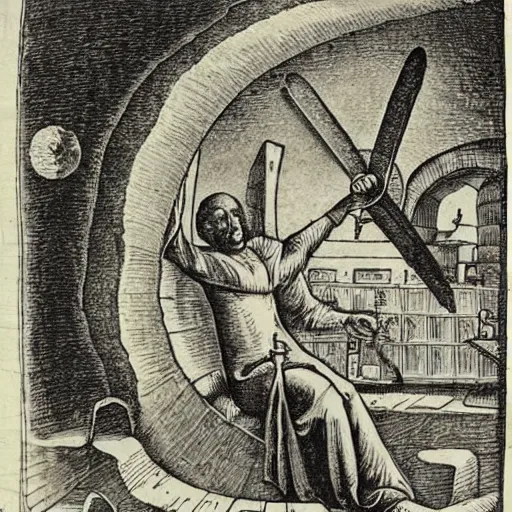 Prompt: engraving from flammarion showing a man leaving the medieval cosmo to enter the new modern universe