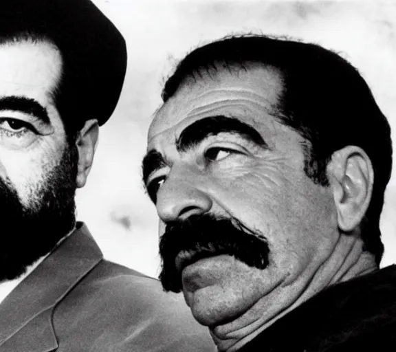 Image similar to Saddam Hussein and Bill Clinton in The Lighthouse. Directed by Robert Eggers, black and white on grainy film, expressionist horror