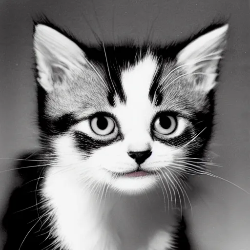 Image similar to a portrait photo of a cute kitten wearing a tuxedo by edward weston, auto graflex, 2 1 0 mm ƒ / 6 4 zeiss tessar, agfa isopan iso 2 5, pepper no. 3 5, 1 9 3 0, high quality photo, highly detailed, studio lighting, fine - art photography, tack sharp