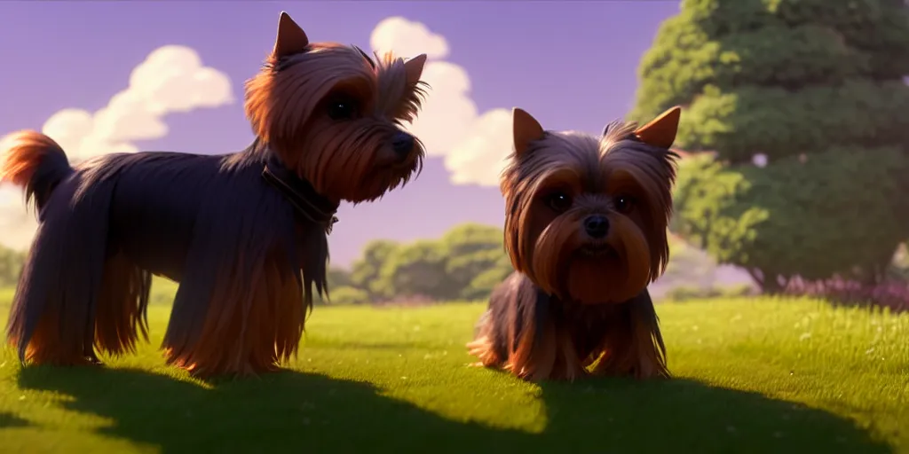 Prompt: a wholesome animation key shot of a brown and ashy 1 3 - year - old yorkshire terrier, studio ghibli, pixar and disney animation, sharp, rendered in unreal engine 5, anime key art by greg rutkowski, bloom, dramatic lighting