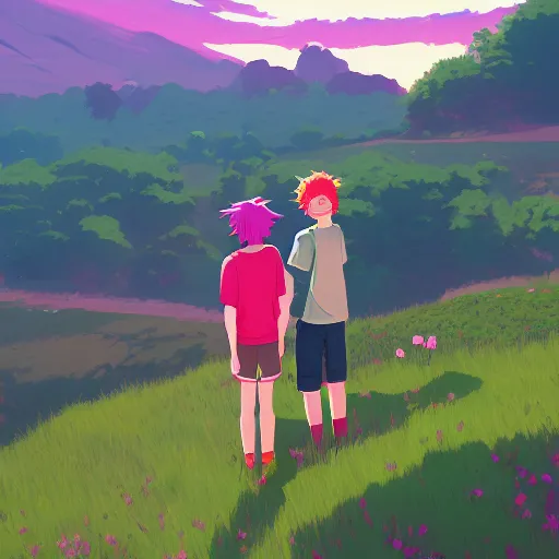 Image similar to two teen boys, pink haired, red haired, flower fields and mountains in the background, digital painting, artstation, highly detailed, by makoto shinkai and thomas kindle and James gilleard
