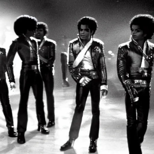 Image similar to michael jackson talking to the jacksons 5 afro michael jackson, movie still 8 k hdr atmospheric lighting