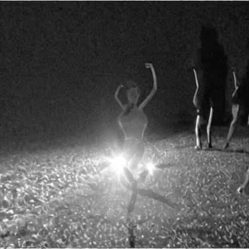 Prompt: aliens dancing caught on trail cam, night vision