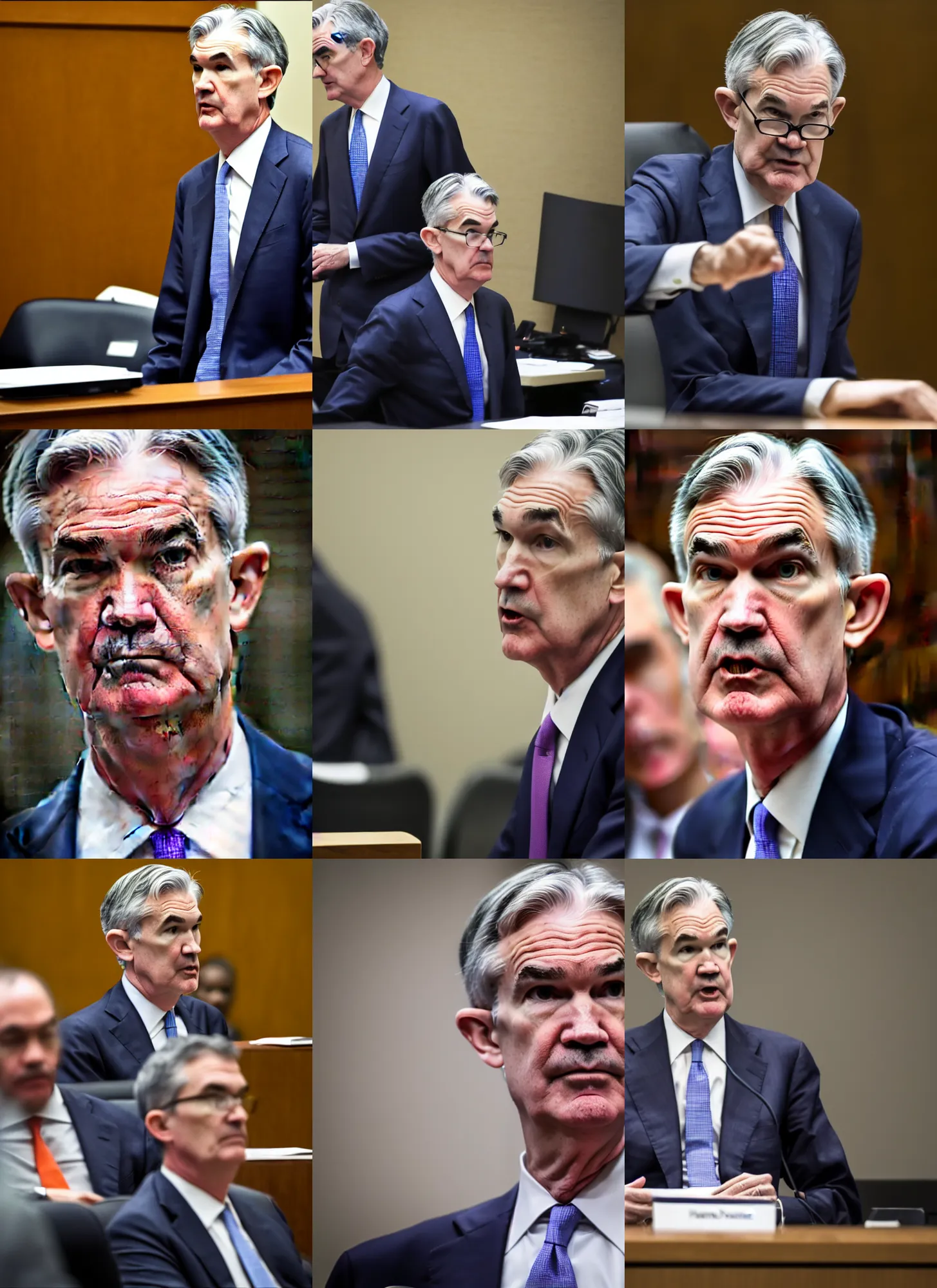 Prompt: jerome powell on trial for stock manipulation, 4 k still from court