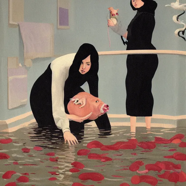 Image similar to tall female emo artist holding a pig in her flooded bathroom, water gushing from ceiling, painting of flood waters inside an artist's bathroom, a river flooding indoors, pomegranates, pigs, ikebana, zen, water, octopus, river, rapids, waterfall, black swans, canoe, berries, acrylic on canvas, surrealist, by magritte and monet