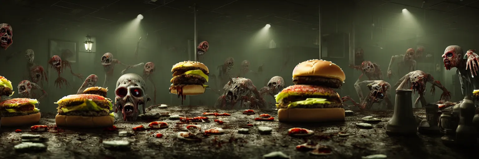 Image similar to undead zombies grabbing on moldy hamburgers with their hands inside a dark dingy restaurant, moldy hamburgers of various type all pile up very high around them, atmospheric lighting, foggy, very intricate details, hyper realistic, 8 k, movie concept art, octane render, - h 5 1 2