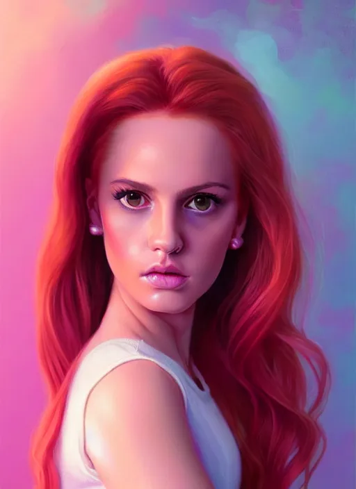 Image similar to full body portrait of teenage cheryl blossom, bangs, green eyes, sultry expression, red hair, sultry smirk, bangs and wavy hair, pink skirt, intricate, elegant, glowing lights, highly detailed, digital painting, artstation, concept art, smooth, sharp focus, illustration, art by wlop, mars ravelo and greg rutkowski