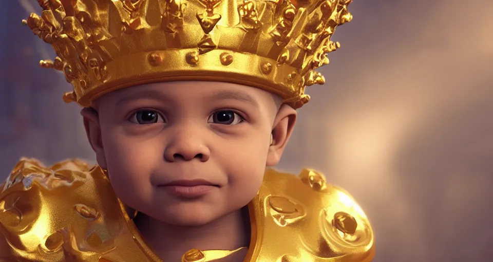 Prompt: One lightskinned baby boy with curly short hair as a king, wearing a golden crown, stunning photo, cinematic lighting, perfect composition, 8K, ultra-detailed , Trending on artstation, Octane render, Unreal Engine, highly detailed,