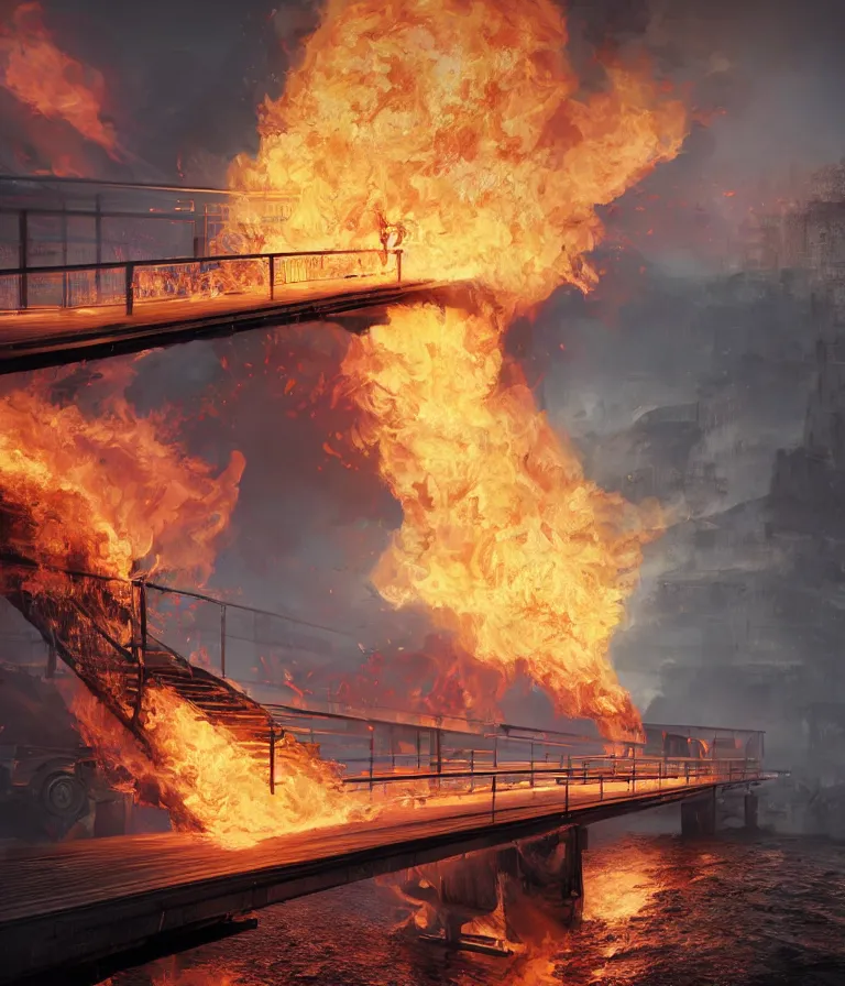 Image similar to a beautiful hyperrealistic detailed 3D render of a burning bridge, by Anton Otto Fischer, Atey Ghailan, genzoman, unreal engine, octane render, gigantic, 3D, brilliantly coloured, intricate, ultra wide angle, trending on artstation, embers, smoke, dust, dusk, volumetric lighting, HDR, polished, micro details, ray tracing, 8k