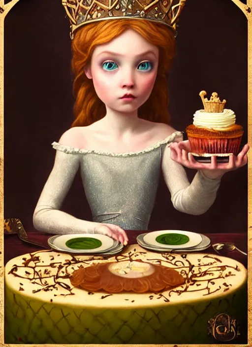 Prompt: highly detailed closeup portrait of an irish fairytale medieval princess eating cake, unreal engine, nicoletta ceccoli, mark ryden, lostfish, earl norem, global illumination, god rays, detailed and intricate environment