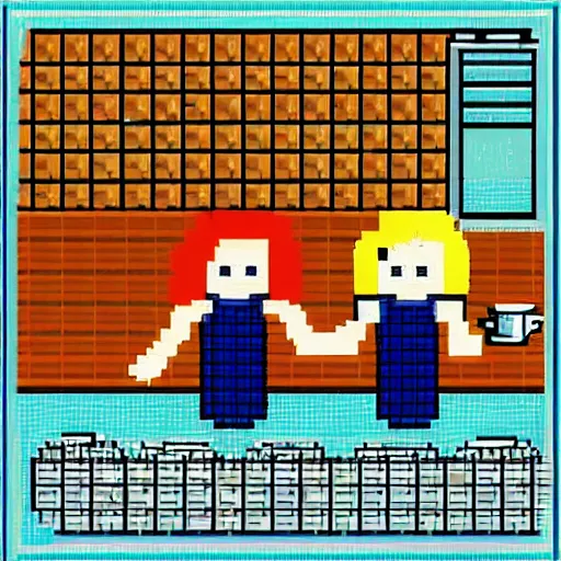 Image similar to two women holding hands in medieval fantasy kitchen, 8 bitfiction, pixel art