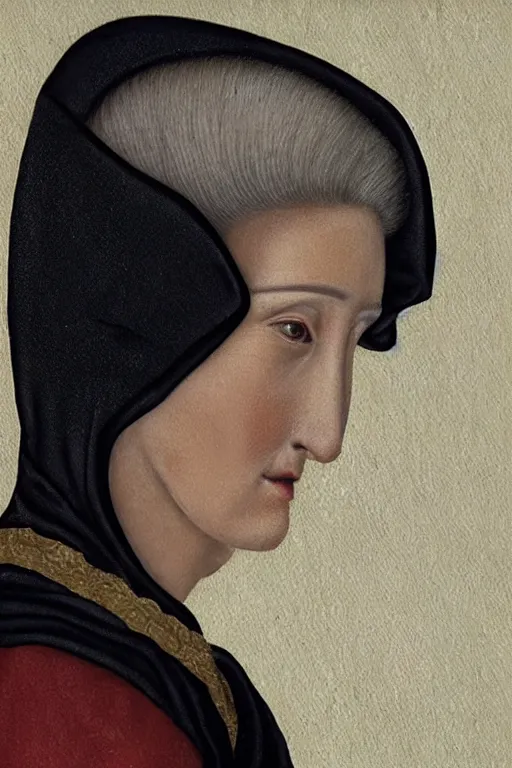 Image similar to hyper - realistic close - up portrait of a medieval woman, pale skin, in a black silk robe, in the сaravaggio style