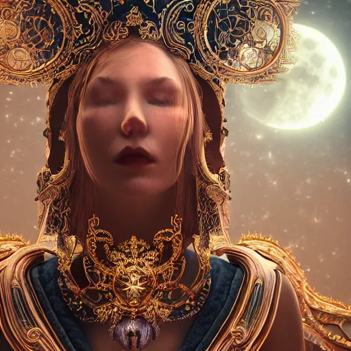 Prompt: portrait of moon sorceress, beautiful, attractive, glowing, ornate and intricate, jaw dropping, dynamic lighting, dark, menacing, intricate and detailed, 4 k octane render, age 1 9