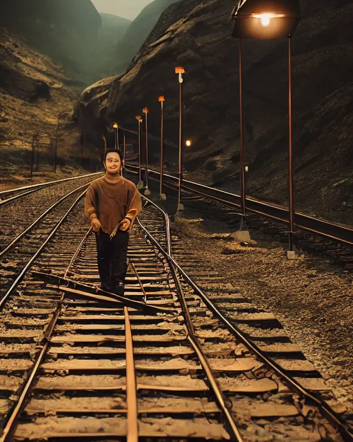 Image similar to justin sun tied with rope to train tracks, beautiful cinematic lighting, epic composition, train headlight