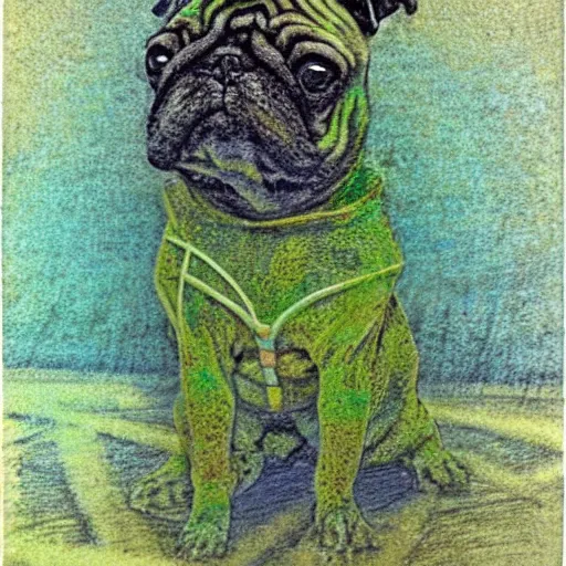 Prompt: fractal bipedal impressionist lagoon cylinder pug hickory tree pesto trombone , by Wendy Froud and Paul Gauguin and Brom , pencil sketch , polaroid photo , cyberpunk