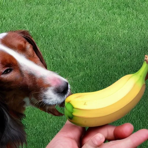 Prompt: a realistic photograph of a dog eating a banana