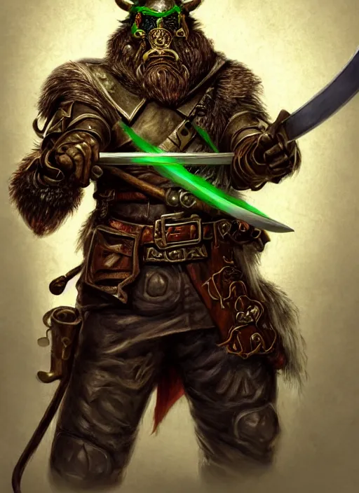 Image similar to strong young man, photorealistic bugbear ranger holding a flaming sword, black beard, dungeons and dragons, pathfinder, roleplaying game art, hunters gear, jeweled ornate leather and steel armour, concept art, character design on white background, by alan lee, norman rockwell, makoto shinkai, kim jung giu, poster art, colours red and green