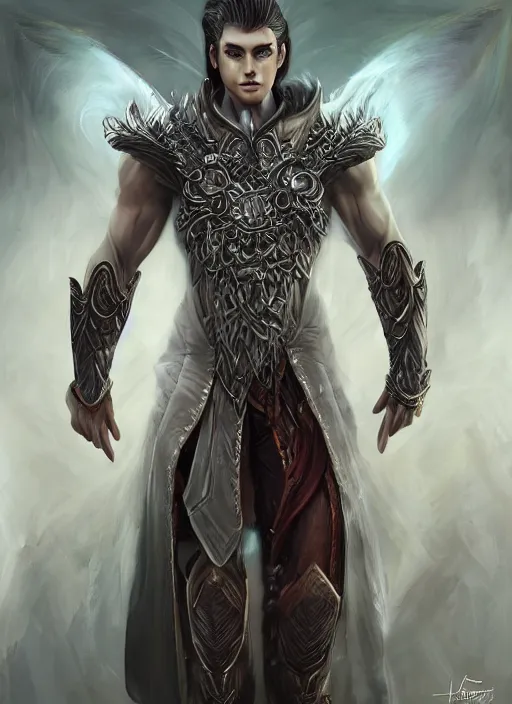 Prompt: a higly detailed airbrush full body shot and face portrait painting of a fantasy male character, pathfinder, dynamic lighting, ambient lighting, deviantart, art by artgerm