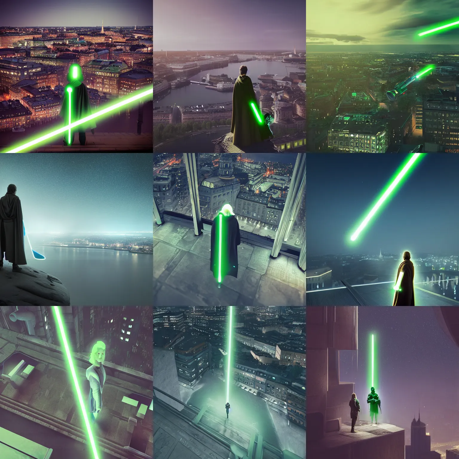 Prompt: lone jedi looking down on Stockholm, night, green lightsaber!, JAS 39, trending on artstation, hd, wlop, octane render, HDRI, atmospheric