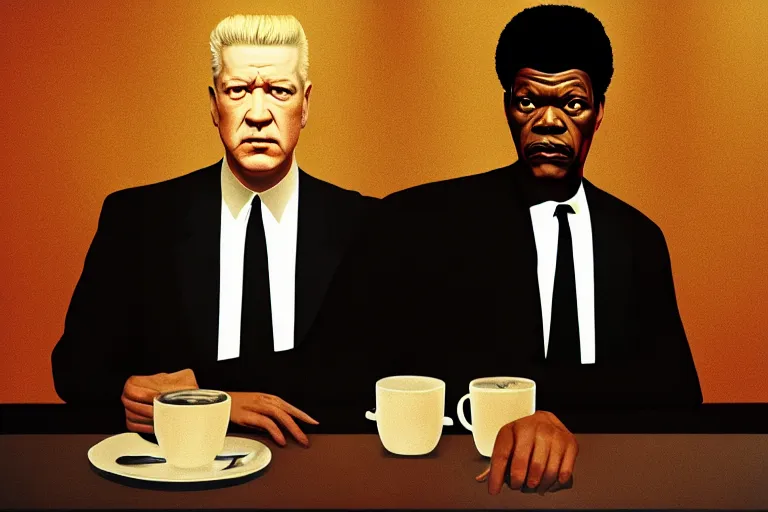 Prompt: painting by david lynch, twin peaks style, pulp fiction movie highly detailed full - body samuel l jackson and john travolta posing in cafe, perfect symmetrical eyes, 8 k resolution, digital art, hyper realistic