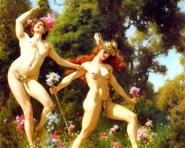 Image similar to muscular athena and muscular goddess frolic in a meadow of beautiful flowers, large topiary and marble pillars in the background, painting by gaston bussiere, craig mullins, j. c. leyendecker, tom of finland