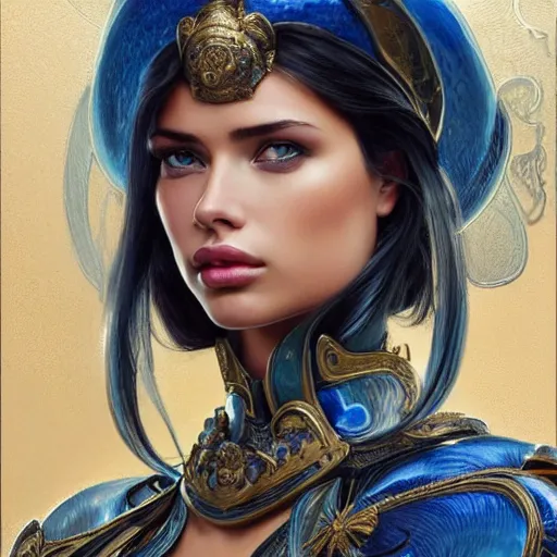 Prompt: an attractive young female wearing an blue ornate metallic helmet, adriana lima, olive skin, long dark hair, beautiful bone structure, intricate, elegant, highly detailed, digital painting, artstation, concept art, smooth, sharp focus, illustration, art by artgerm and greg rutkowski and alphonse mucha