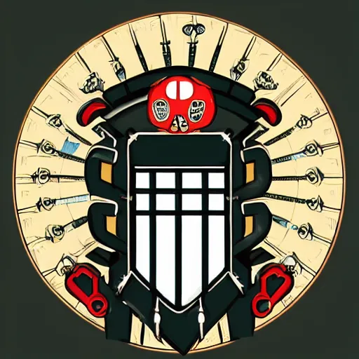 Image similar to an old coat of arms in a 1930s retro futurism style, with bones annd skulls