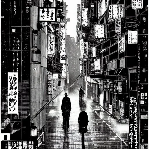 Image similar to a cyberpunk art tokyo night street, rain and fog by chris myers and junji ito