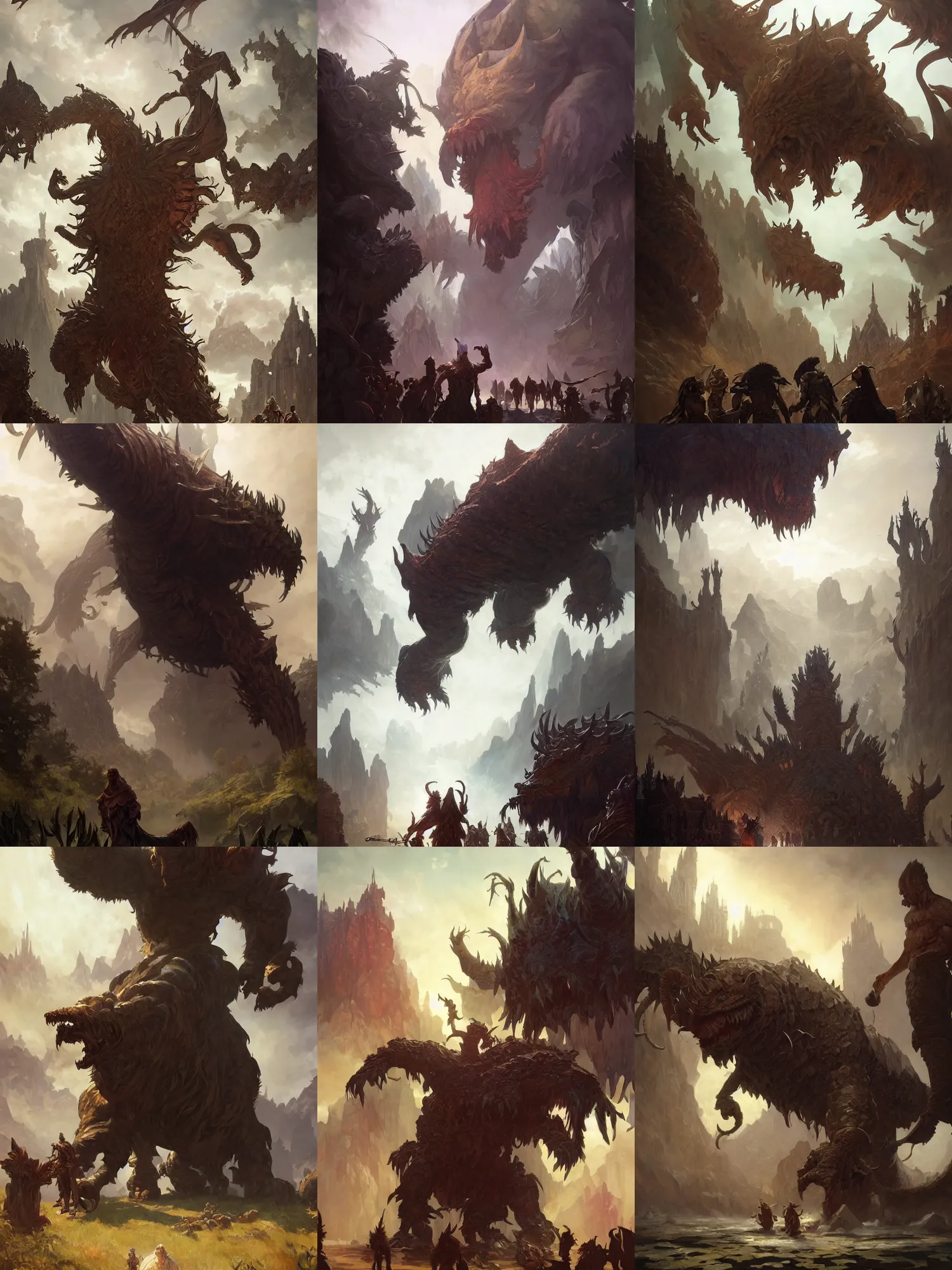 Prompt: big behemoth monster looms over a tiny party of 5 adventurers, high fantasy, horror, dnd, highly detailed, smooth, sharp focus, digital painting, artgerm and greg rutkowski and alphonse mucha