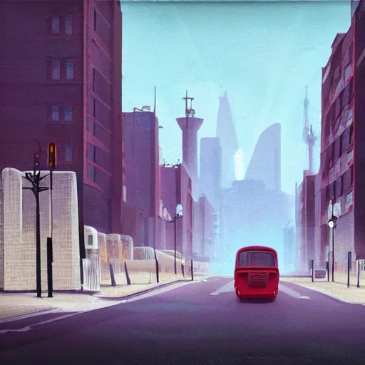 Prompt: empty London streets in the style of Simon Stalenhag