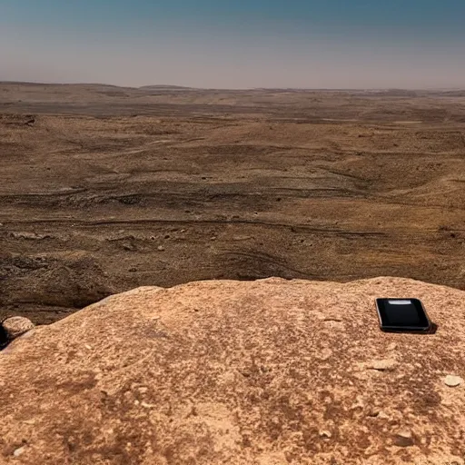 Prompt: An iPhone on a rock in Mitzpe Ramon under the sky