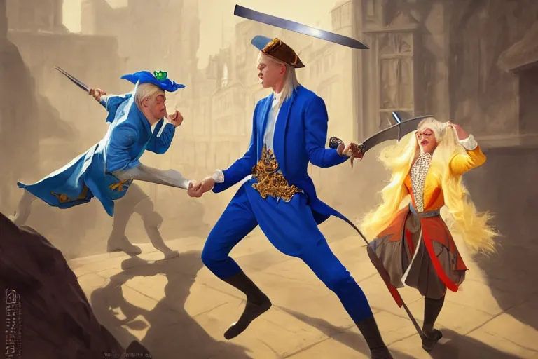 Image similar to a blond man in a blue suit sword fight with a jester, sunny day, matte painting, bold shapes, hard edges, street art, trending on artstation, by huang guangjian, gil elvgren, ruan jia, randy vargas, greg rutkowski