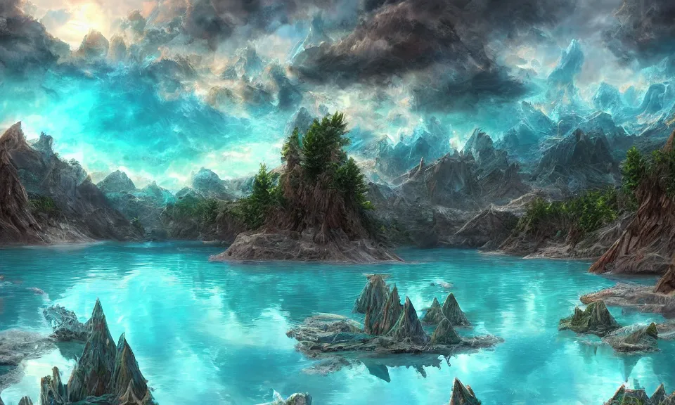 Prompt: crystalline turquoise lake, digital art, concept art, fantasy art, highly detailed, hd wallpaper, hdr, artstation, deviantart, behance