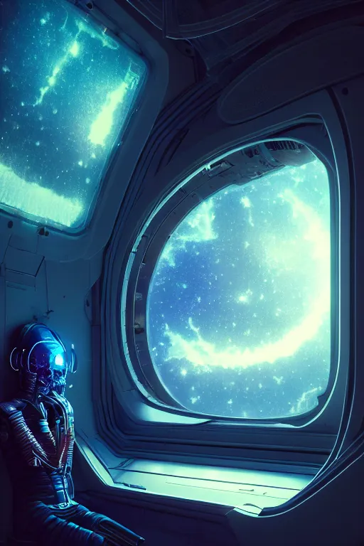 Prompt: human, sitting sad in spaceship, gazing at view of galaxy in space through a window, intricate detailed environment, photorealistic!, octane render, mechanical, concept art, cinematic lighting, digital art, interstellar, hyper realism, sharp, cyberpunk, 8 k, de dia los muertos. by angus mckie, moebius, maciej kuciara