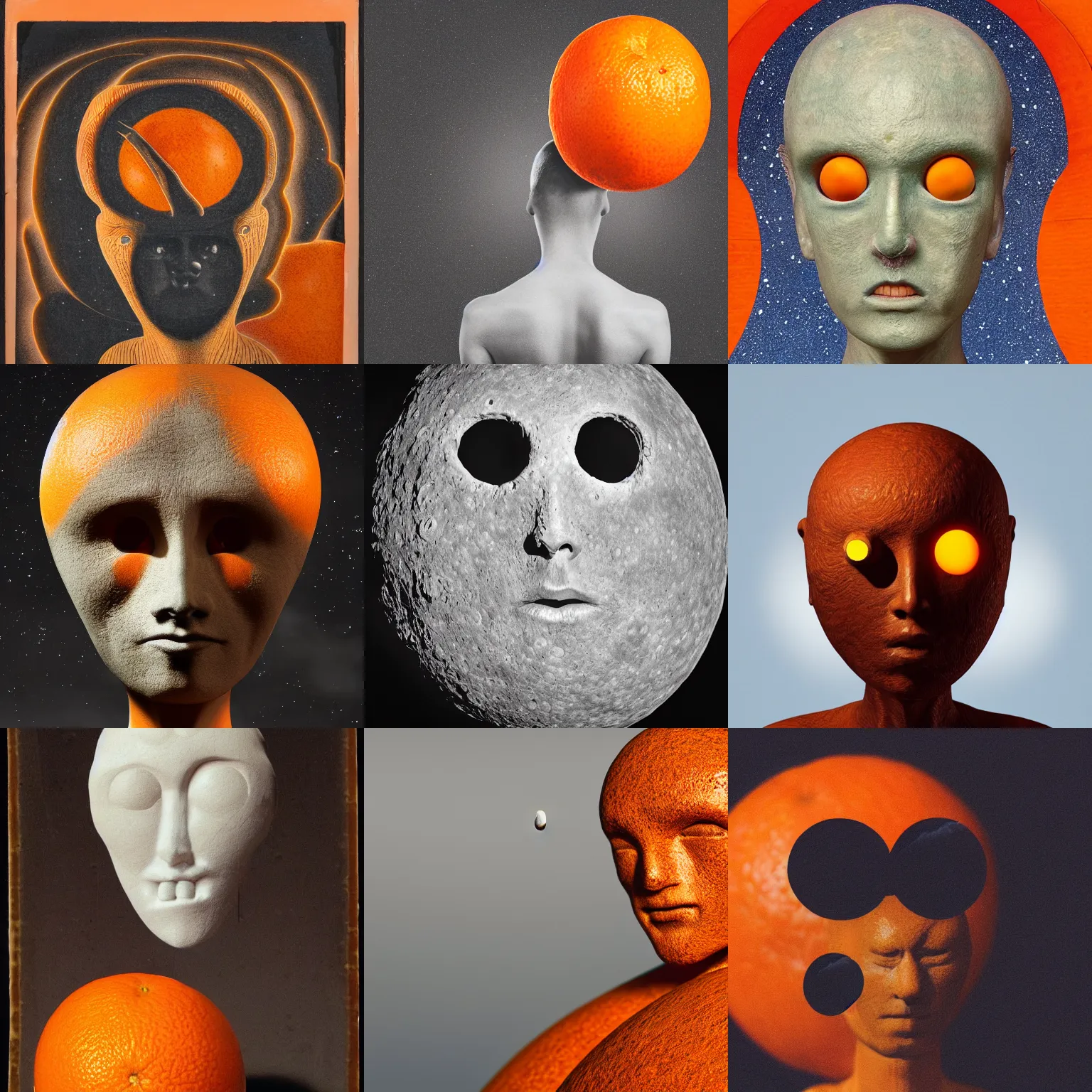 Prompt: portrait of humanoid with moon shaped head, looking at the orange fruit, highly detailed, photography,