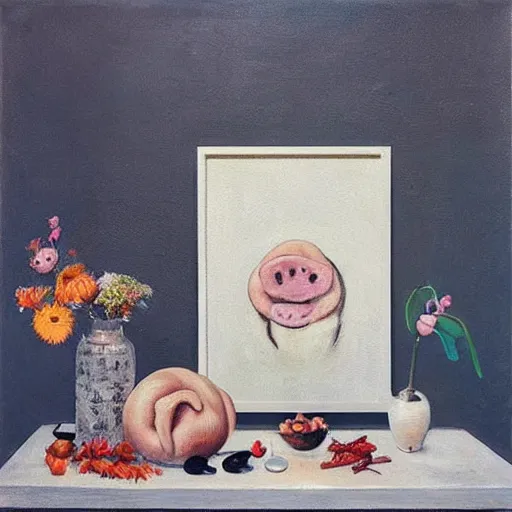 Prompt: “a portrait in an art student’s apartment, recursive pig paintings on the wall, pork, ikebana white flowers, white wax, squashed berries, acrylic and spray paint and oilstick on canvas, by munch and Dali”