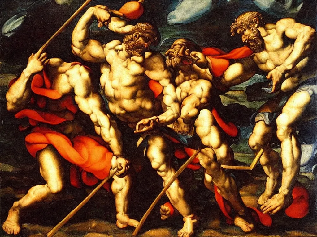 Image similar to Cain with a spear vs Abel by Michelangelo, mythological painting, oil painting