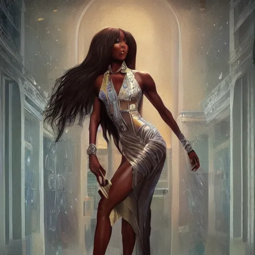 Prompt: full figure ultra realistic illustration, naomi campbell as the broker, intricate, elegant, highly detailed, digital painting, artstation, concept art, smooth, sharp focus, illustration, art by artgerm and greg rutkowski and alphonse mucha