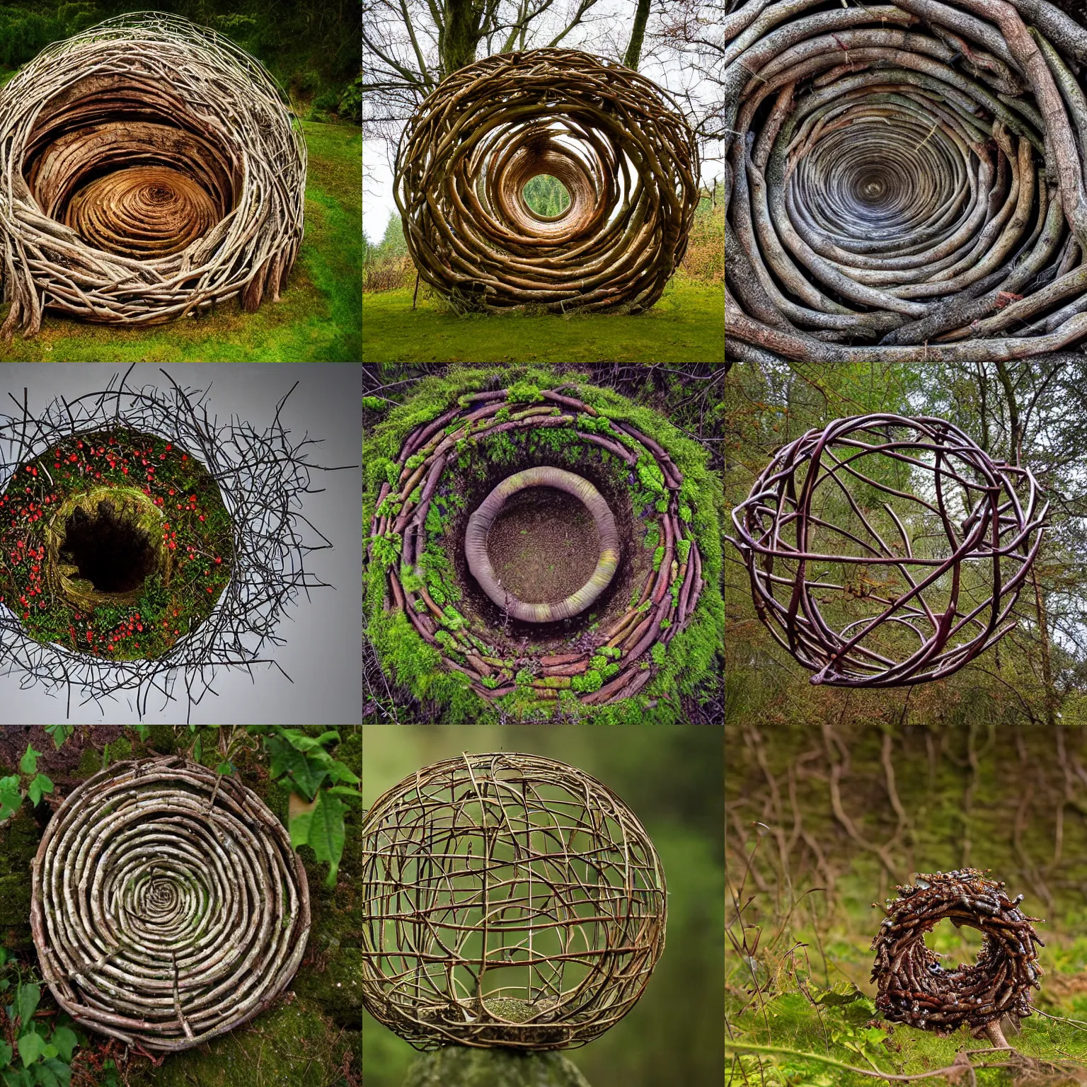 Prompt: an environment art sculpture by Nils-Udo, leaves twigs wood, nature, natural, round form, berries inside structure, leaf spiral pattern around structure