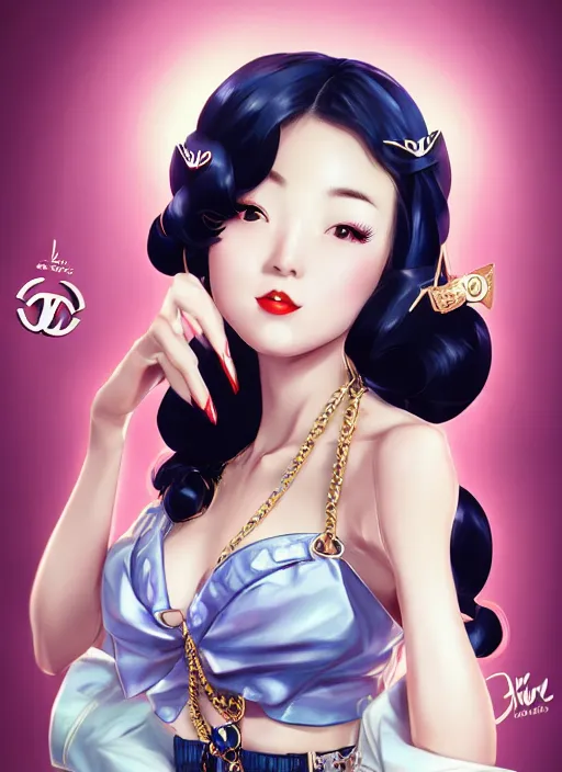 Image similar to a pin up and beautiful fashion dreamlke japan girl with lv jewelry, character art, art by artgerm, wlop, loish, hyperdetailed, 8 k realistic, symmetrical, global illumination, radiant light, frostbite 3 engine, cryengine, dof, trending on artstation, digital art, chanel, dior, detailed background