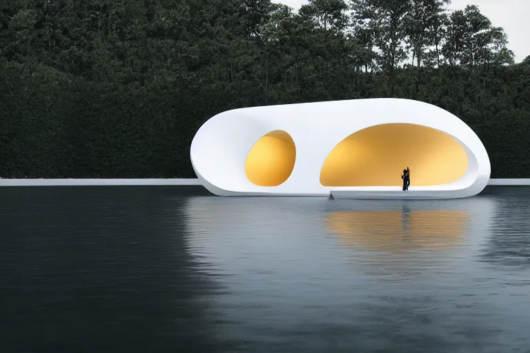 Image similar to a white egg shaped foam space relies on the building formed together. on the calm lake, people's perspective, future, interior wood, marble, award winning, highly detailed 4 k art, dusk, unreal engine highly rendered, global illumination, radial light, internal environment by kazuyo sejima and pierre cardin