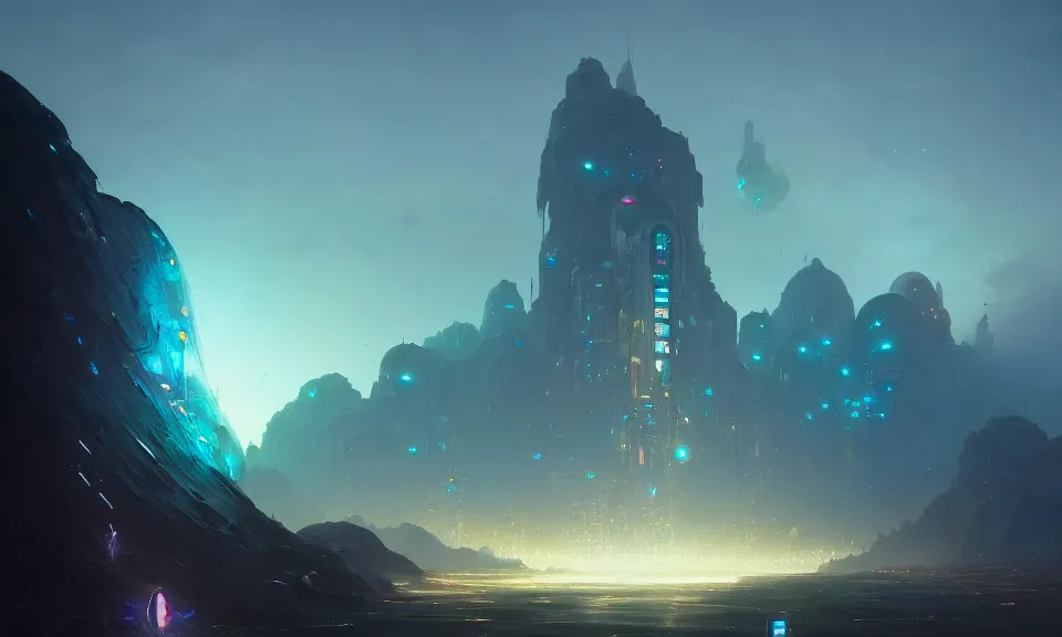 Image similar to a beautiful digital matte painting of a glowing chrome monolith rising from a sea of nanobots, by peter mohrbacher, victo ngai, greg rutkowski, artgerm, volumetric lighting, inricate, environmental lighting, 8 k