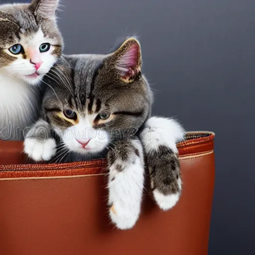 Image similar to lots of furry cats inside a big handbag, the handbag is over a wood table, stock photo, gray background, studio lighting, detailed photo, 4 k, 8 k