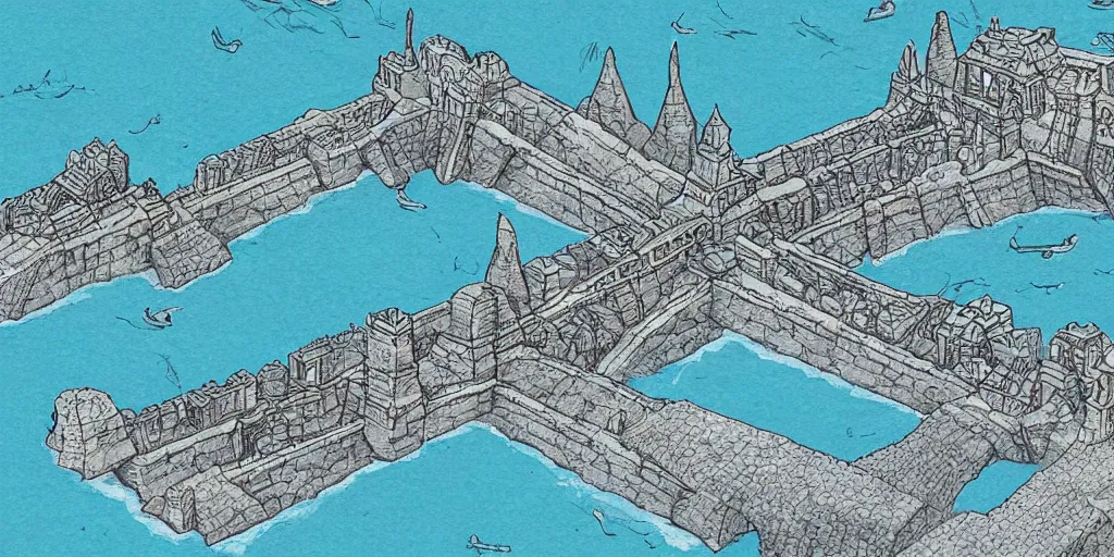 Prompt: illustration, a single giant ancient linear stone city on a single bridge, giant bridge city build over the ocean in a straight line, huge support buttresses, high in the air, lots of buildings on top, tiny ships with sails go underneath, fades to the horizon