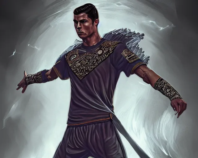 Image similar to cristiano ronaldo as a strong fantasy magician who does magic, fantasy art, in the style of Joel Santana, illustration, epic, fantasy, intricate, elgant, amazing detail, digital painting, artstation, concept art, smooth, sharp focus