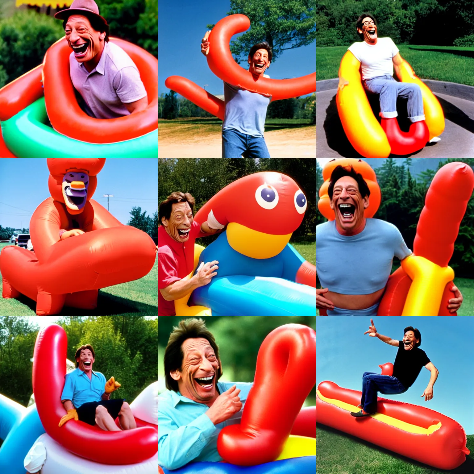 Prompt: jim varney laughing while he rides a large, inflatable hotdog.