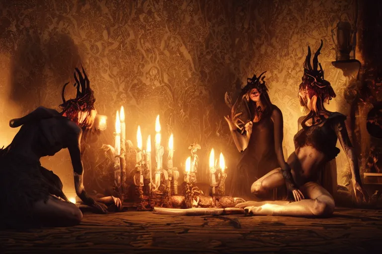 Image similar to dark witches doing a ritual. Ornate details, award winning, Octane render, 4k, 8k, unreal 5, very detailed, hyper control-realism, trending on artstation.”