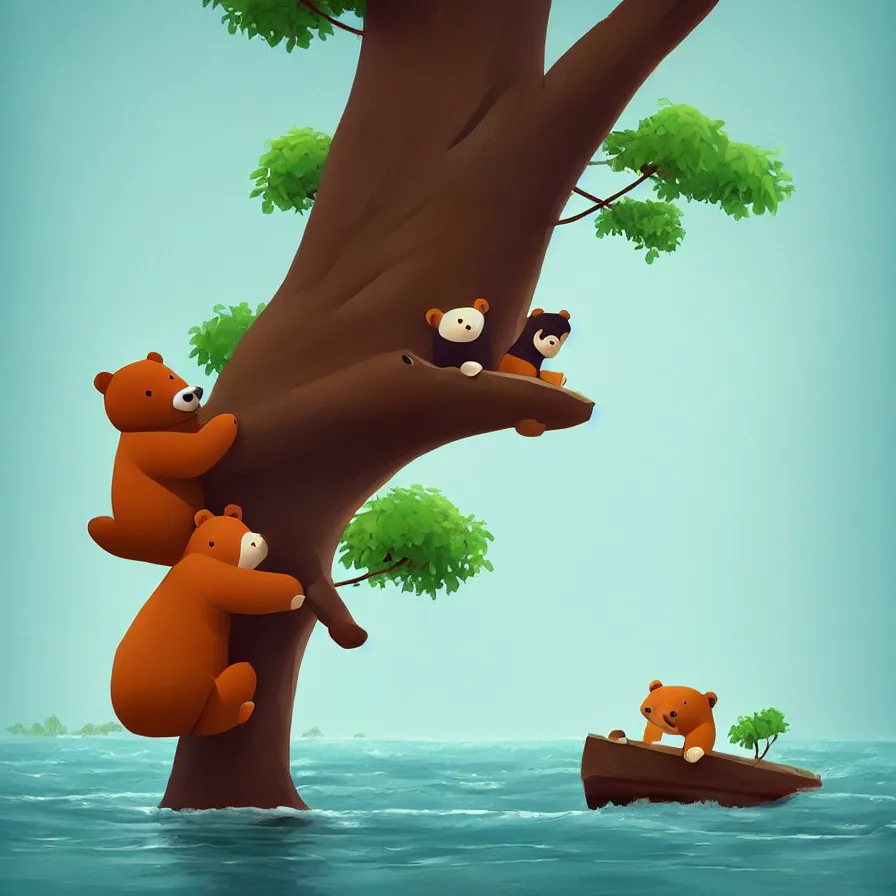 Image similar to A bear hugging a tree while sailing down the river. A river that crosses the jungle where there is a bear sailing, art by Goro Fujita, ilustration, concept art, sharp focus, ArtStation, Deviantart